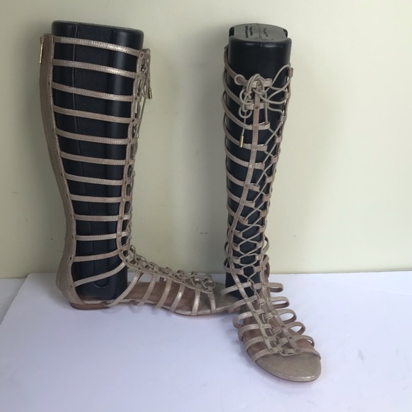 Joie Falicia Gladiator Sandals Tall Zip Leather Adjustable Suede Metallic Gold - Picture 2 of 16